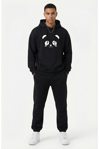 Nevermind Unisex Sevgili Çift Kombini Oversize Panda Baskılı Çift Hoodie Siyah