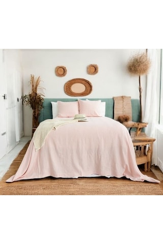 Toz Pembe El Yapımı Buldan Yatak Ortusu Ve Yastık Kılıfı Pembe
