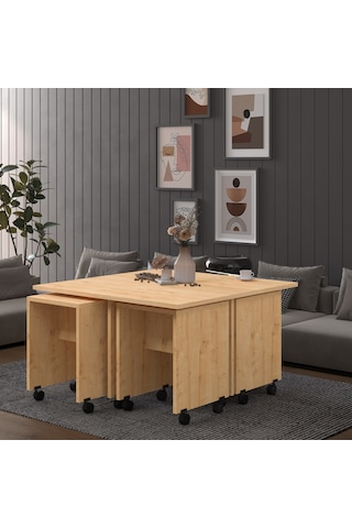 Asra Trend Akıllı Orta Sehpa OS003 %100 MDF 5 Parça Yavrulu Puf Sehpa Seti Safir Meşe