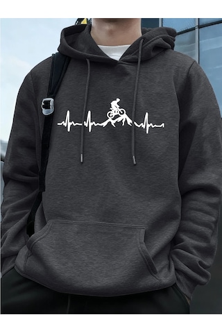 Tarzsokak Ecg Bisiklet Off-road Baskı Erkek  Kış Cep Kapşonlu Moda Polar Sweat  Antrasit