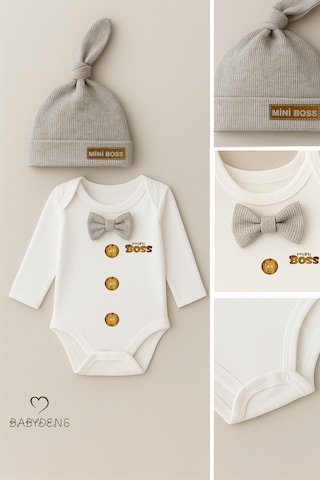 Babyden's Mini Boss Papyonlu Erkek Bebek Body Seti Şapkalı Yenidoğan Bebek Body-zıbın Takım Gri