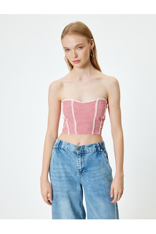 Koton Straplez Büstiyer Pötikareli Crop Kolsuz Gipeli Dantel Detaylı Slim Fit Kırmızı Ekose 4sal30066ıw Kırmızı