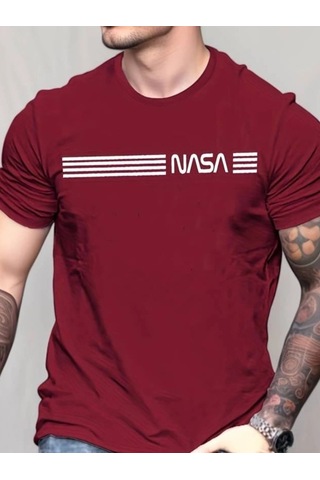 Valensdesign Erkek Kısa Kollu Nasa Baskı Basic Erkek T-shirt Bordo