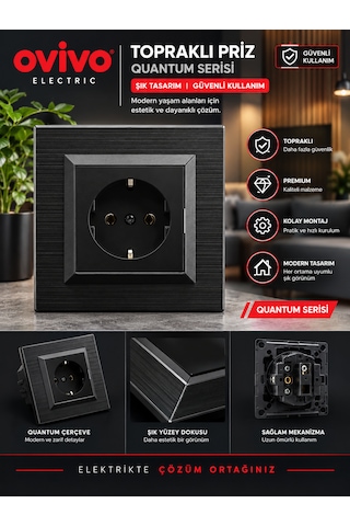 Ovivo Quantum Siyah Topraklı Priz Çerçeve Dahil