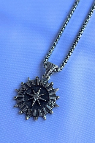 Pusulalı El İşçiliği Paslanmaz Çelik Zincir Erkek Kolye Gümüş