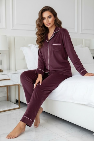 Kadın Kadife Boydan Düğmeli Şerit Detaylı 2'li Pijama Takım MÜRDÜM