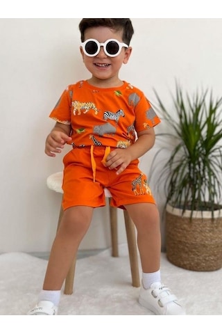 Erkek Bebek Pamuklu Hayvan Baskılı Şortlu Takım-14564 Turuncu