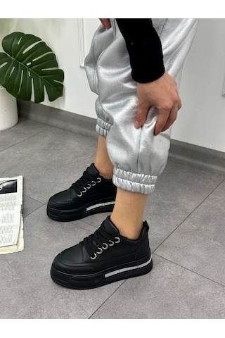 Erva'nın Butiği Siyah Cilt Miles Taş Detay Yüksek Taban Bağcıklı Sneakers-5636