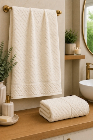 Kristal 2 Li Banyo Havlu Seti 50 90 Baş Havlusu + 90 150 Banyo Havlusu - Ekru
