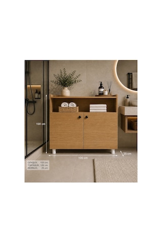 Raflı Kapaklı Ahşap Banyo Dolabı Bej Raflı Kapaklı Ahşap Banyo Dolabı Bej