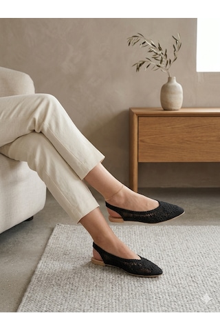 Ciel Noir Kadın Pudra Örgü Detaylı Arkası Açık Babet / Triko Slingback Yazlık Ayakkabı Siyah
