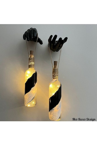 Siyah Heykel El Dekorlu Pilli Led Işıklı Vitray Cam Şarap Şişesi Çok Renkli