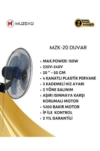 Muzeko Mzk-20 Ev Ve Ofisler İçin 2 Salınımlı 4 Kanatlı Duvar Tipi