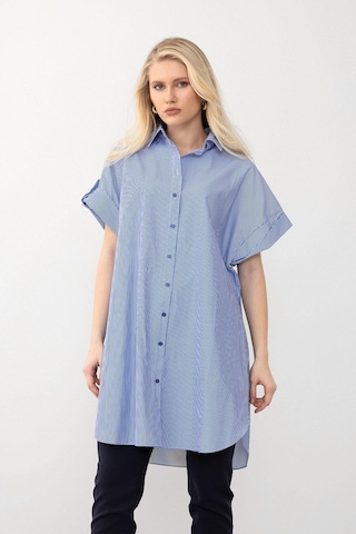 Olcay Yandan Yırtmaçlı Çizgili Poplin Tunik Mavi 9283