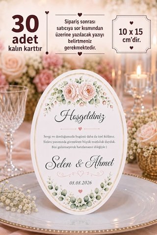 30 Adet Elips Masa Hoşgeldiniz Kartı - Masa Kartı - Teşekkür Kartı
