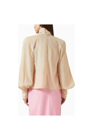 Rowen Rose Oversized Bow - Neck Blouse, Lüks Georgette Yüksek Yakalı Şık Balon Kollu Bluz Bej