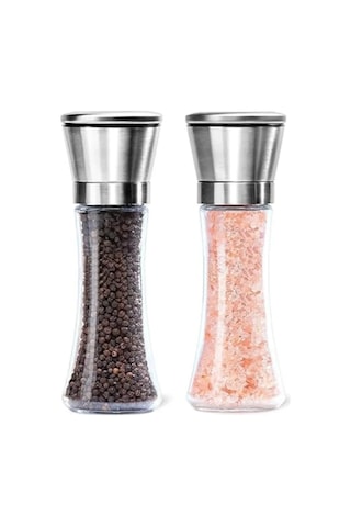 Cam Gövdeli Metal Krom Kapaklı Tuz Karabiber Değirmeni Seti 19 Cm Açık Ahşap