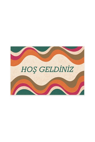Kartela Halı Hoş Geldiniz Yazılı Retro Dalga Kapı Paspası Retro Canlı Kaymaz Kauçuk Taban 60x90 Cm