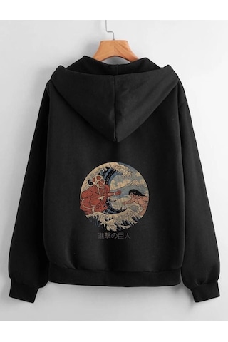 Altamira Unisex Siyah Yuvarlak Sırt Baskılı Ince Mevsimlik Kapşonlu Oversize Hırka 001