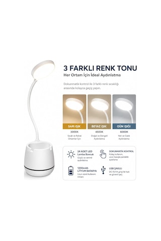 Masa Lambası Şarjlı Dokunmatik 24 Led'li, 3 Renk Modlu Ayarlanabilir Işık, Usb Şarjlı, Esnek Gövde, Modern Masa Diğer