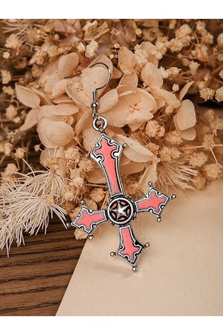 Dükkan Design Kırmızı Lucifer Ters Haç Küpe Kırmızı - Siyah