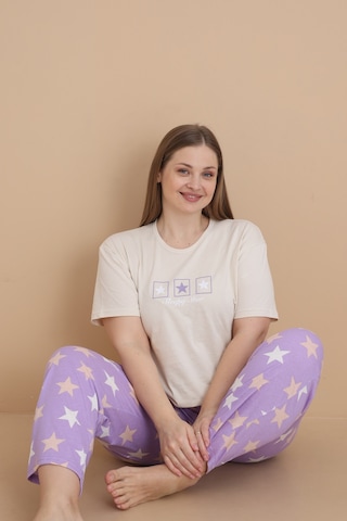 Wordex Mirano 4504 Yıldız Desenli Kısa Kollu Pamuklu Penye Büyük Beden Kadın Pijama Takımı Bej