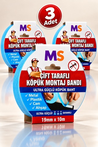 3 Adet Ultra Güçlü Çift Taraflı Köpük Montaj Bandı 19 Mm X 10 Mt Metal Plastik Cam Bantı Bantları