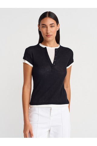 Dilvin 31783 Çift Katlı Düğmeli T-shirt-siyah SIYAH