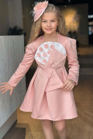 Riccotarz Kız Çocuk Kare Yaka Göğsü Pano Çiçek Asimetrik Kesim Pembe Elbise Pembe