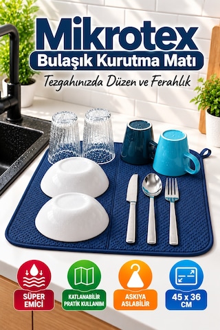 Lacivert Bez Mikrotex Bulaşık Kurutma Matı 45x36 Cm Süper Emici Katlanabilir Tezgah Üstü Kurutma Mat