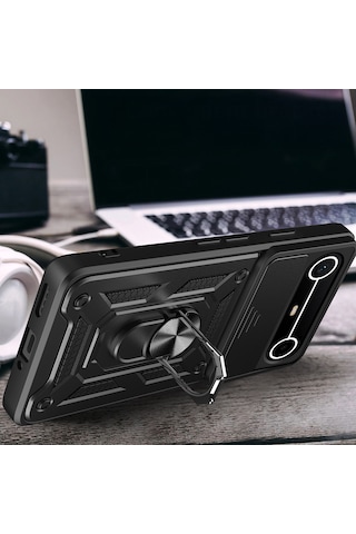 Tecno Spark Slim 5g Kılıf Tam Korumalı Magnetik Standlı Kamera Korumalı Sürgülü Vega Kapak Siyah