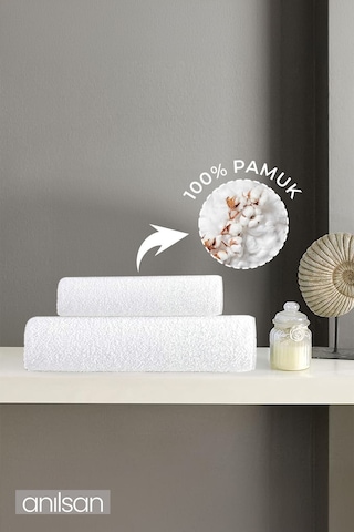 %100 Pamuk 2'li Havlu Seti - 1 Adet El Havlusu Ve 1 Adet Banyo Havlusu Beyaz