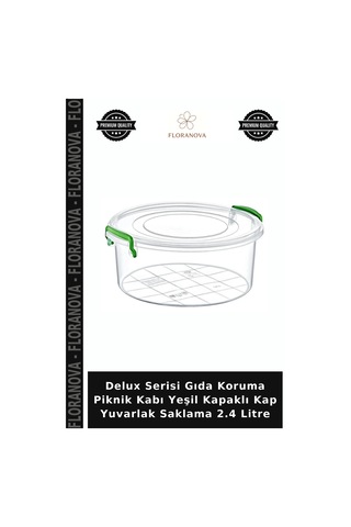 Delux Serisi Gıda Koruma Piknik Kabı Yeşil Kapaklı Kap Yuvarlak Saklama 2.4 Litre Çok Renkli