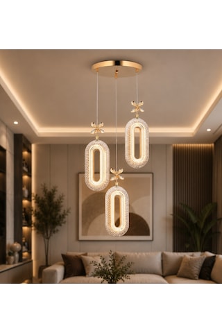 3 Lü Defne 3 Renk Modlu Kristal Taşlı Ledli Sarkıt Avize Sarı