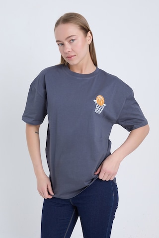 Velvoria Unisex Oversize Relaxed Basketball Baskılı Antrasit Renk T-shirt