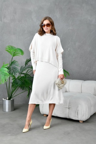 Kadın Dik Yaka Kısa Kol Kazak Uzun Elbise İkili Triko Takım Taş