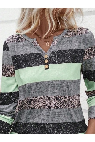 Tua Moda Kadın Uzun Kollu Yakadan Düğmeli Çizgili Desenli Süprem Bluz Yeşil