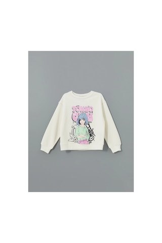 LC Waikiki Bisiklet Yaka Baskılı Kız Çocuk Sweatshirt Ecru
