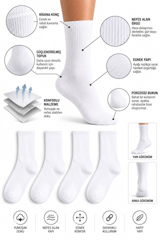 Worthy Socks 4'lü Atletik Spor Tenis Kolej Çorap beyaz