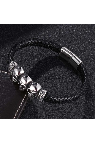 Paslanmaz Çelik Kurukafa Yakışıklı Takı Deri Bileklik Erkek Paslanmaz Çelik Takı Siyah Siyah