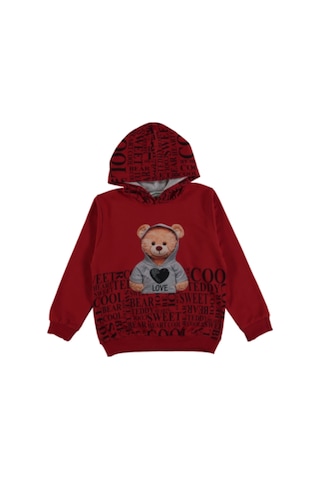 DİJİTAL AYICIK ve YAZI BASKILI 2 İPLİK KAPŞONLU KIZ SWEATSHIRT Kırmızı