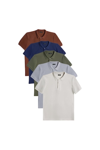 Tudors Erkek 5'li Paket Kahverengi-lacivert-haki-gri-açık Gri Slim Fit Pamuklu Düz Pike Polo Yaka Tişört-33032 Multi Çok Renkli