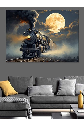 Gece Yolunda Buhar Saçan Tren Dekoratif Kanvas - Mdf Ahşap Tablo