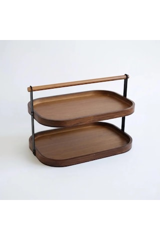 Qerhome 2 Katlı Akasya Stand / Sunumluk / Çok Amaçlı Organizer Doğal Ahşap İki Katlı Servis Ahşap