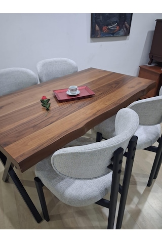 Masa Kütük 90601 V Ayak Sabit Ahşap Boyalı 4 Adet Sandalye Metal Ayak Kahverengi