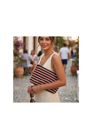 Lento Design El Örgüsü Çizgili Clutch Çanta Siyah & Somon Pamuk Portföy, Fermuarlı El Yapımı Cüzdan Bej