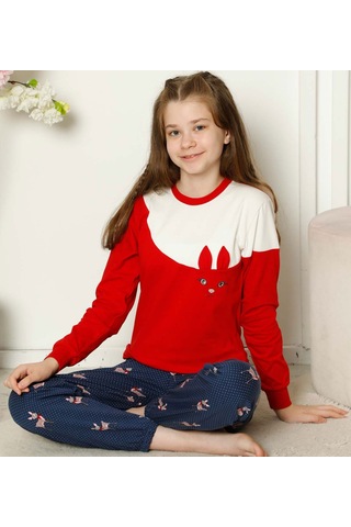 Alimer EDY5163UK-K Kız Çocuk Bisiklet Yaka Uzun Kol Pijama Takım Kırmızı