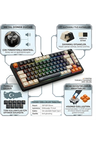 Mavi Switch Rgb Aydınlatmalı Örgü Kablolu Gameagle Gasket Mekanik Oyuncu Klavyesi Metal Knob Kontrollü Türkçe Q Layout Hot Swap Kompakt Gaming Type-c Kablo Eva Süngerli Gaming Klavye