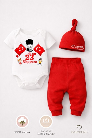 Babyden's İlk 23 Nisan Bayramı Bebek Takımı Atatürk Baskılı %100 Pamuk Kısa Kollu Body Pantolon Şapka Seti Kırmızı - Beyaz