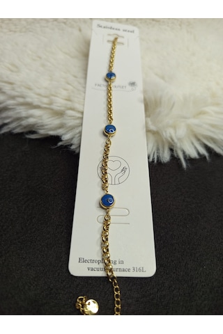 Stainless Steel Nazar Boncuklu Çelik Bileklik Gold